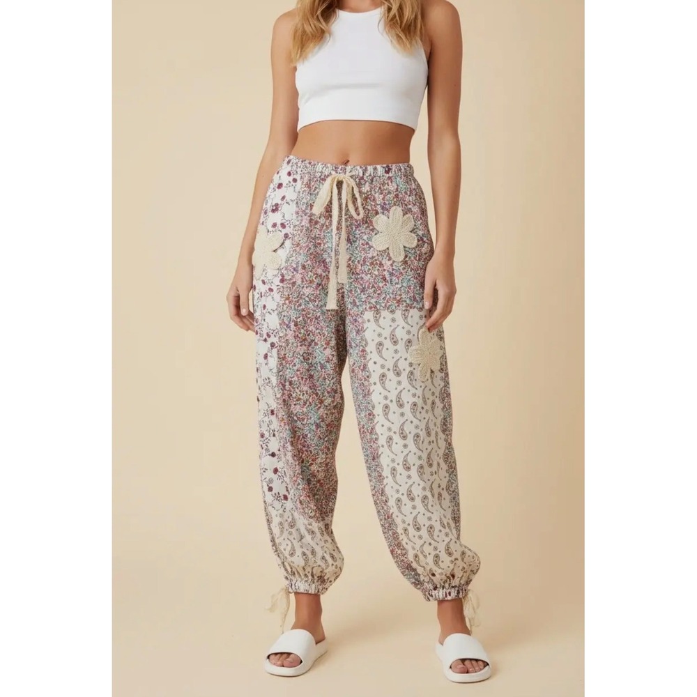 Heimish Floral Patchwork Joggers Boho Crochet Flower Applique Ribbon Tie Pants